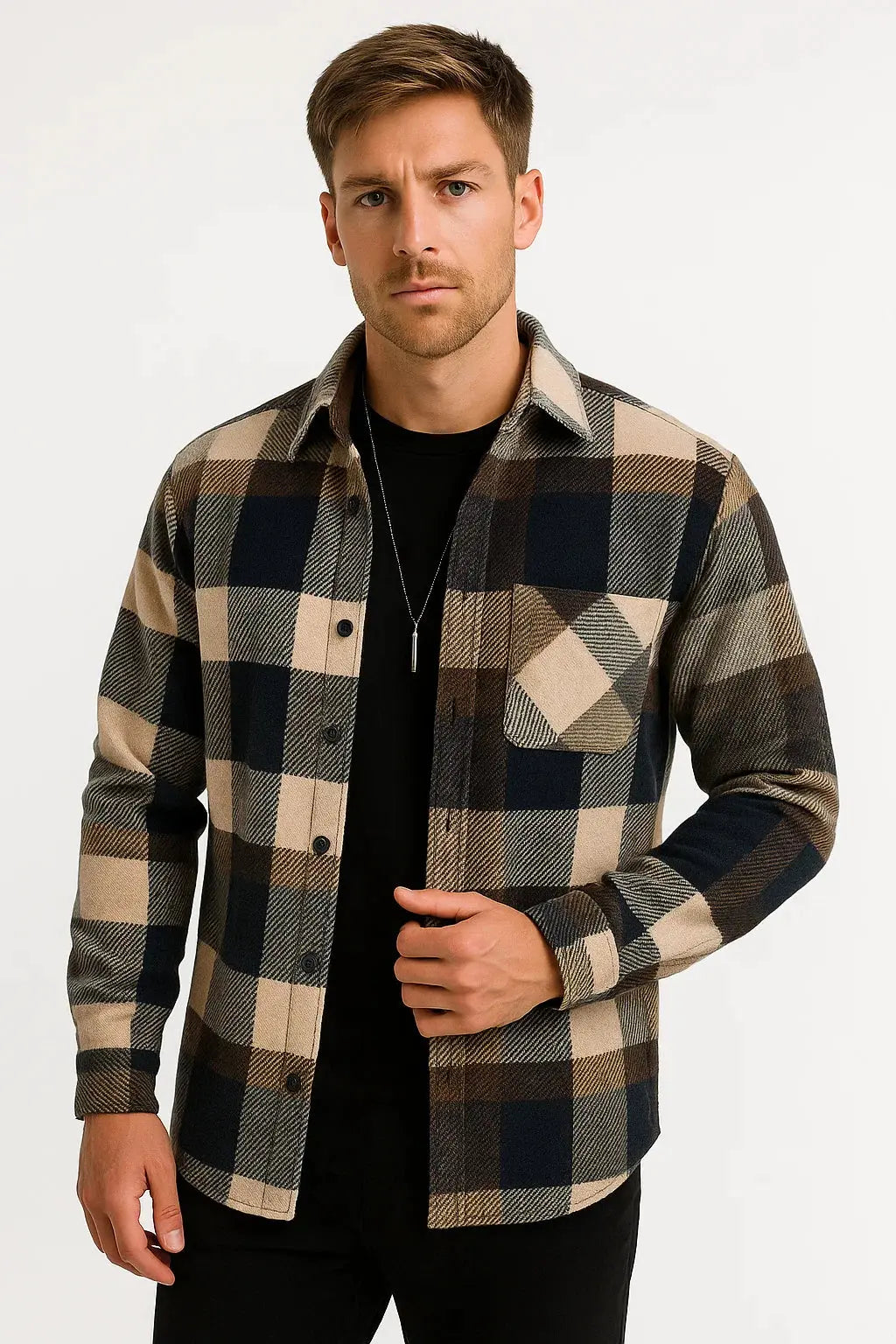 Stylish men's long sleeve checkered shirt for a relaxed everyday look, suitable for fall layering.