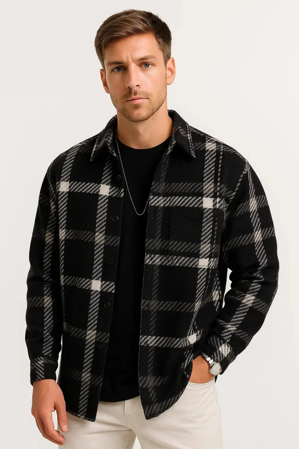 Classic men's checkered long sleeve casual shirt, button-front design, essential for fall & winter fashion.