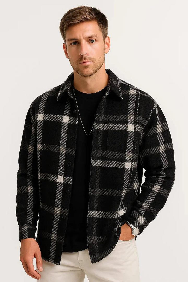 Classic men's checkered long sleeve casual shirt, button-front design, essential for fall & winter fashion.