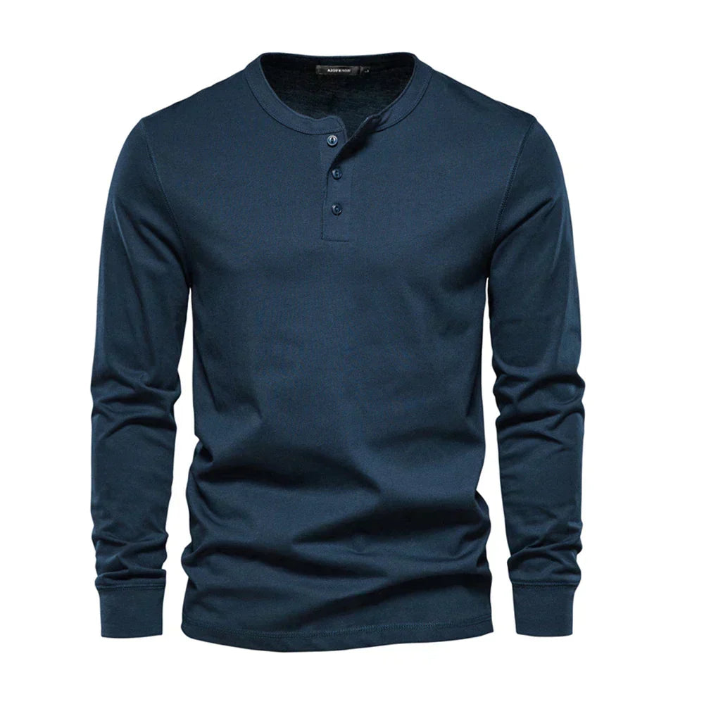 Men's long-sleeve henley shirt, versatile for everyday casual wear & layering. Structured fit.