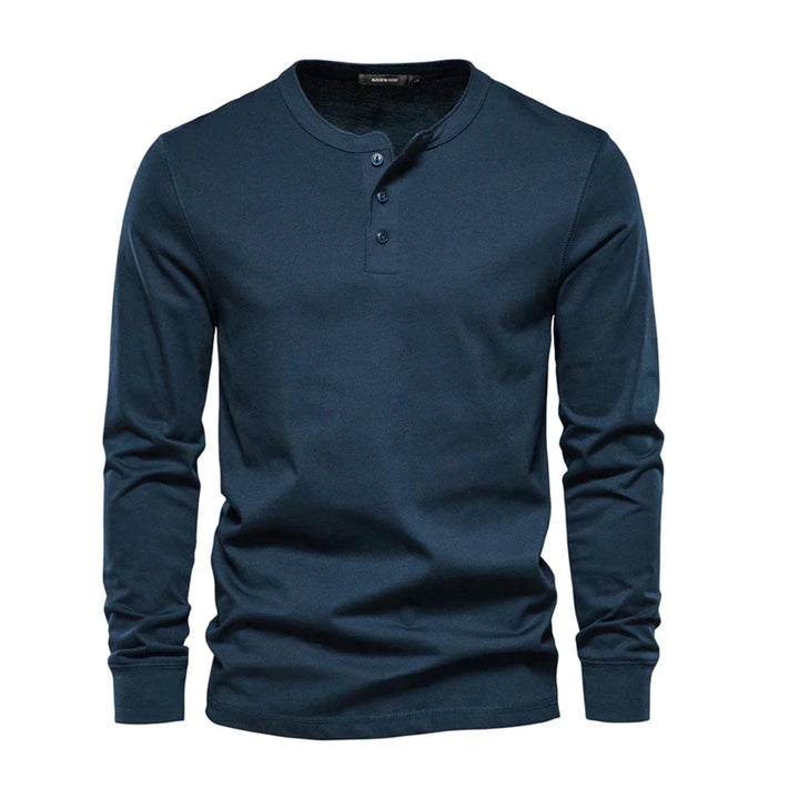 Men's long-sleeve henley shirt, versatile for everyday casual wear & layering. Structured fit.