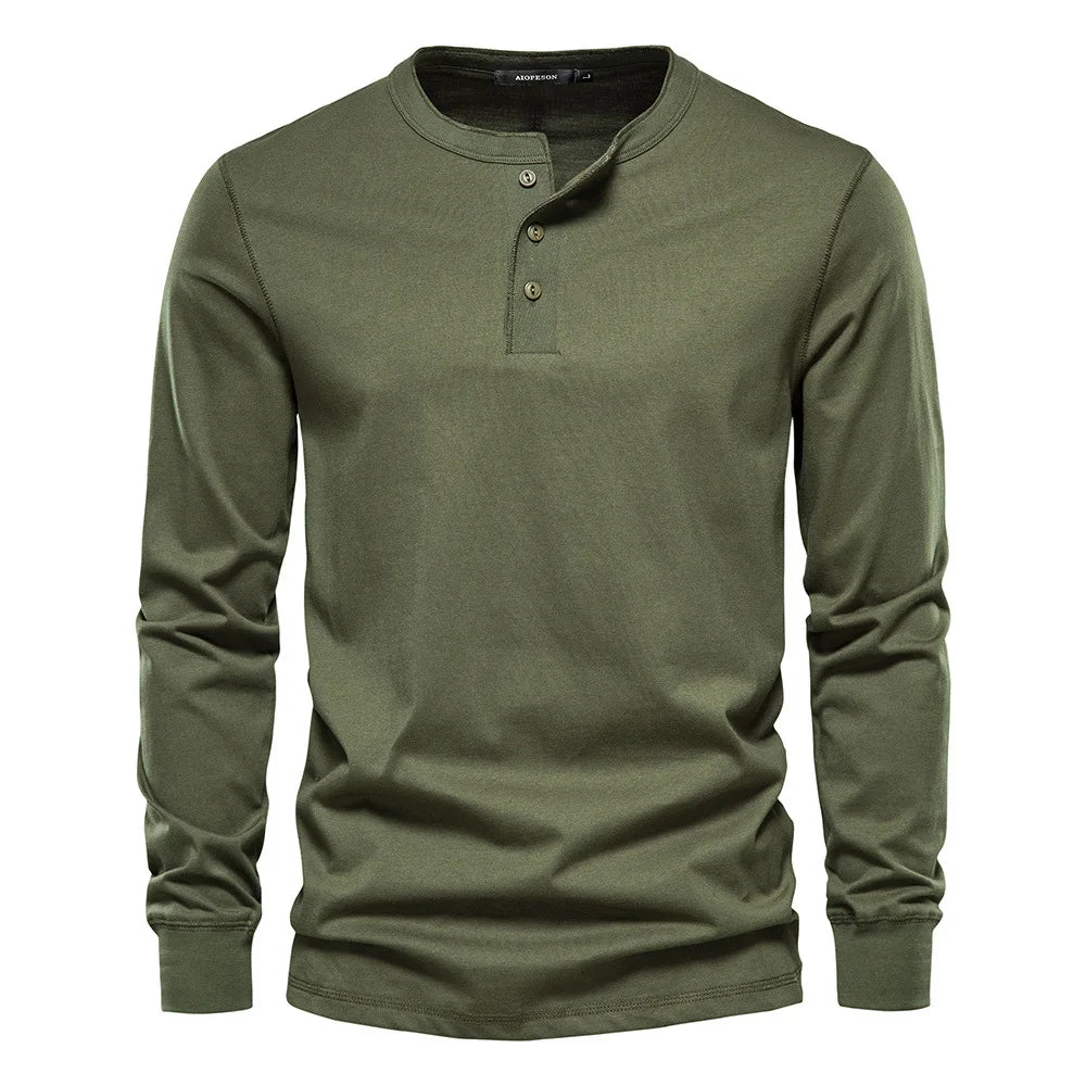 Stylish men's long-sleeve henley shirt for a smart casual look, perfect for modern men's fashion.