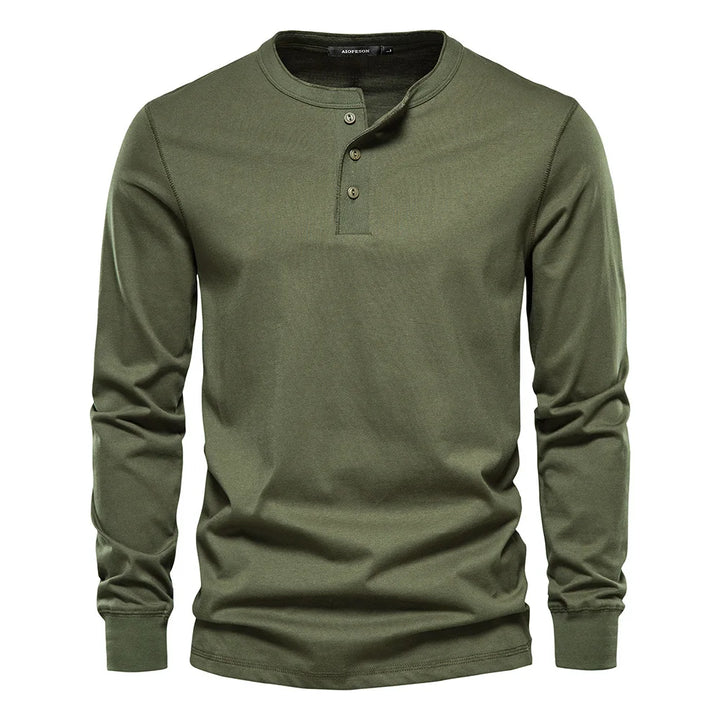 Stylish men's long-sleeve henley shirt for a smart casual look, perfect for modern men's fashion.