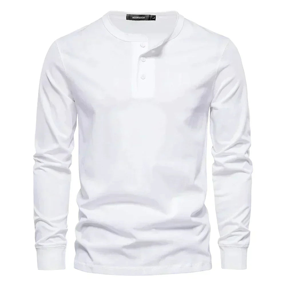 Versatile men's long-sleeve henley shirt, an ideal layering piece for everyday comfort & style.