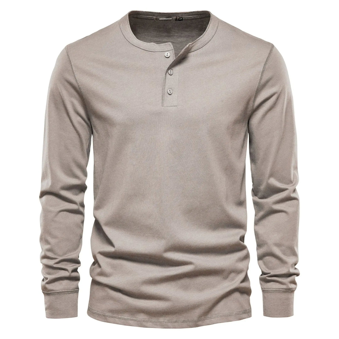 Men's long-sleeve henley shirt, structured fit, perfect for casual or smart casual outfits.