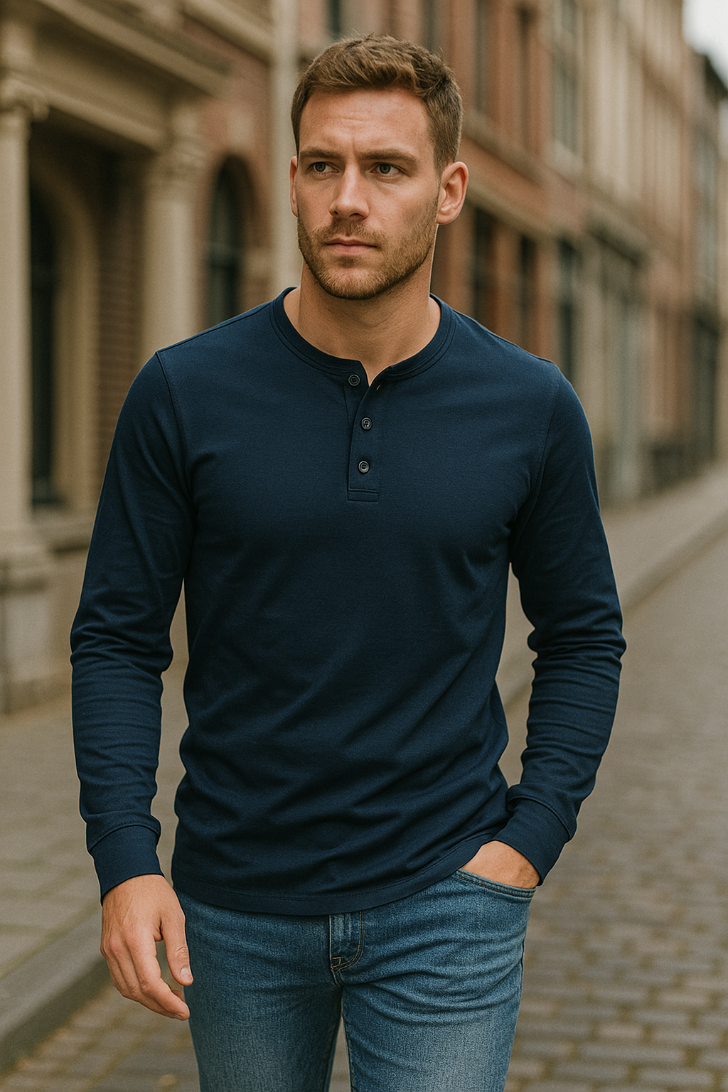 Men's long-sleeve henley shirt with a structured fit, button placket, and round neck for versatile fashion.