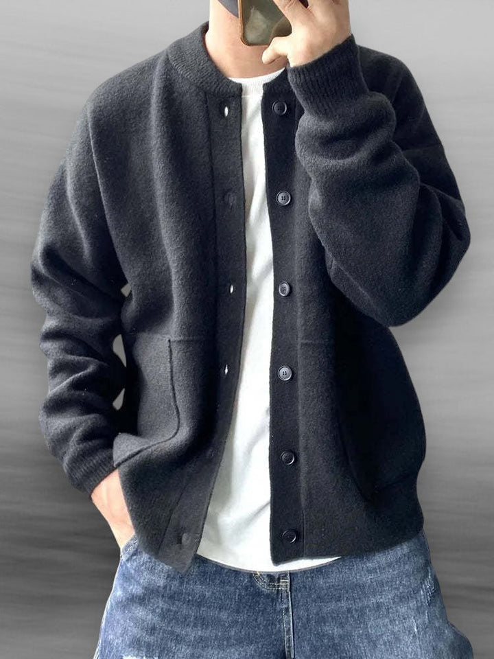 Men's long-sleeve knitted cardigan sweater. Ideal for casual fall & winter layering. Stylish and warm menswear.