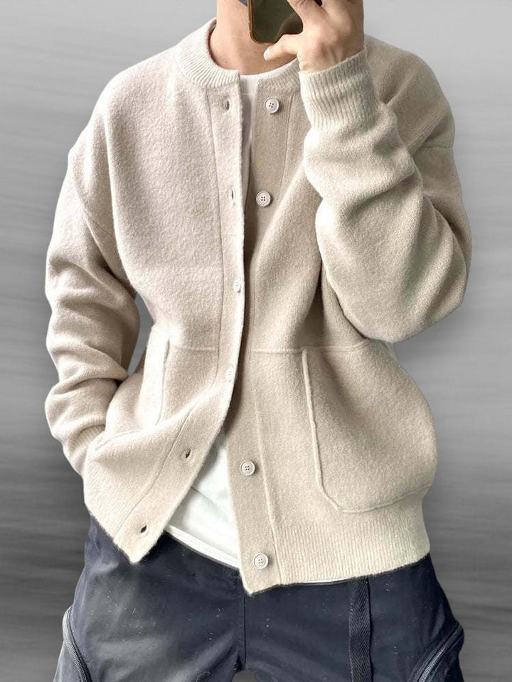 Cozy men's knitted cardigan for warmth. Perfect casual outerwear sweater for fall & winter fashion.