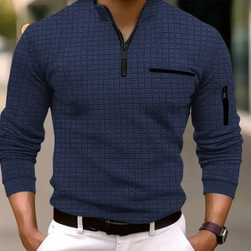 Men's long sleeve polo shirt, casual design with stylish zipper pocket. Perfect for everyday wear.
