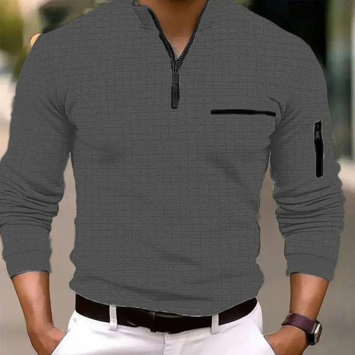 Men's casual long sleeve polo with a unique zipper pocket. A modern essential for men's fashion.