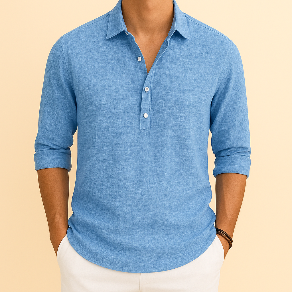 Stylish men's long sleeve polo. Relaxed fit button neck top for smart casual or daily menswear.