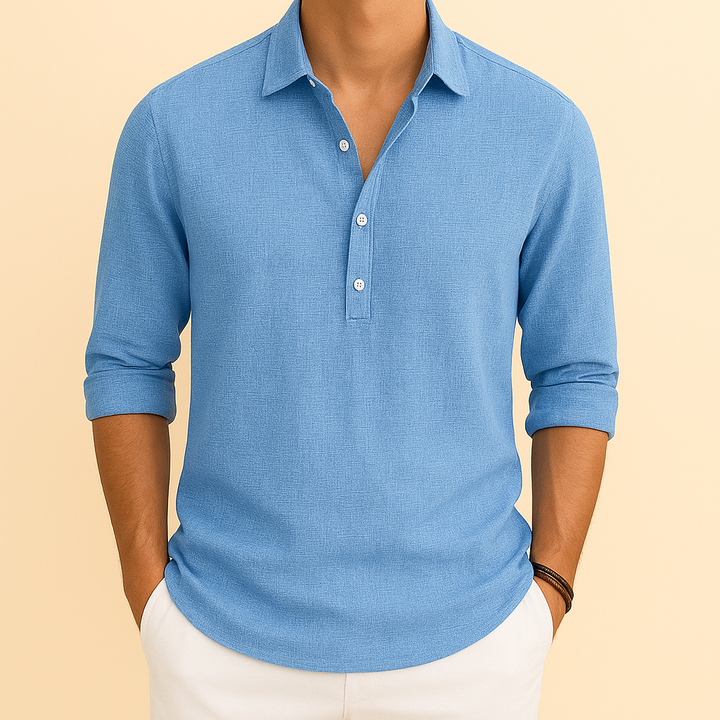Stylish men's long sleeve polo. Relaxed fit button neck top for smart casual or daily menswear.