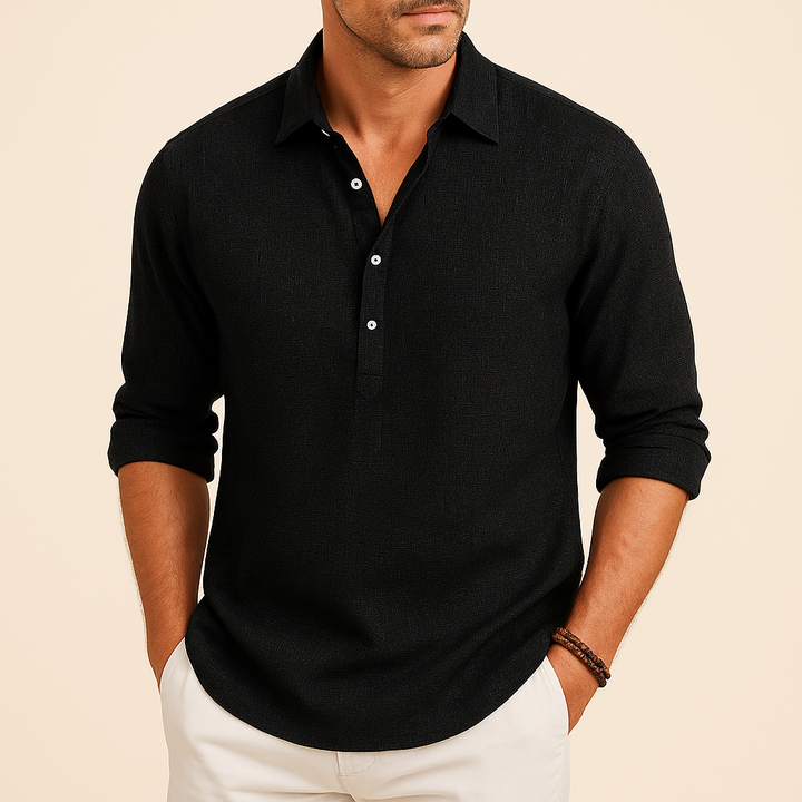 Comfortable men's relaxed fit long sleeve polo shirt with a stylish button neck, perfect for everyday.