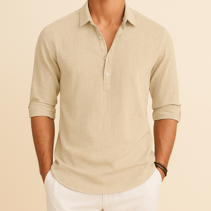 Fashionable men's long sleeve polo shirt. Relaxed fit button neck top, perfect for smart casual outfits.