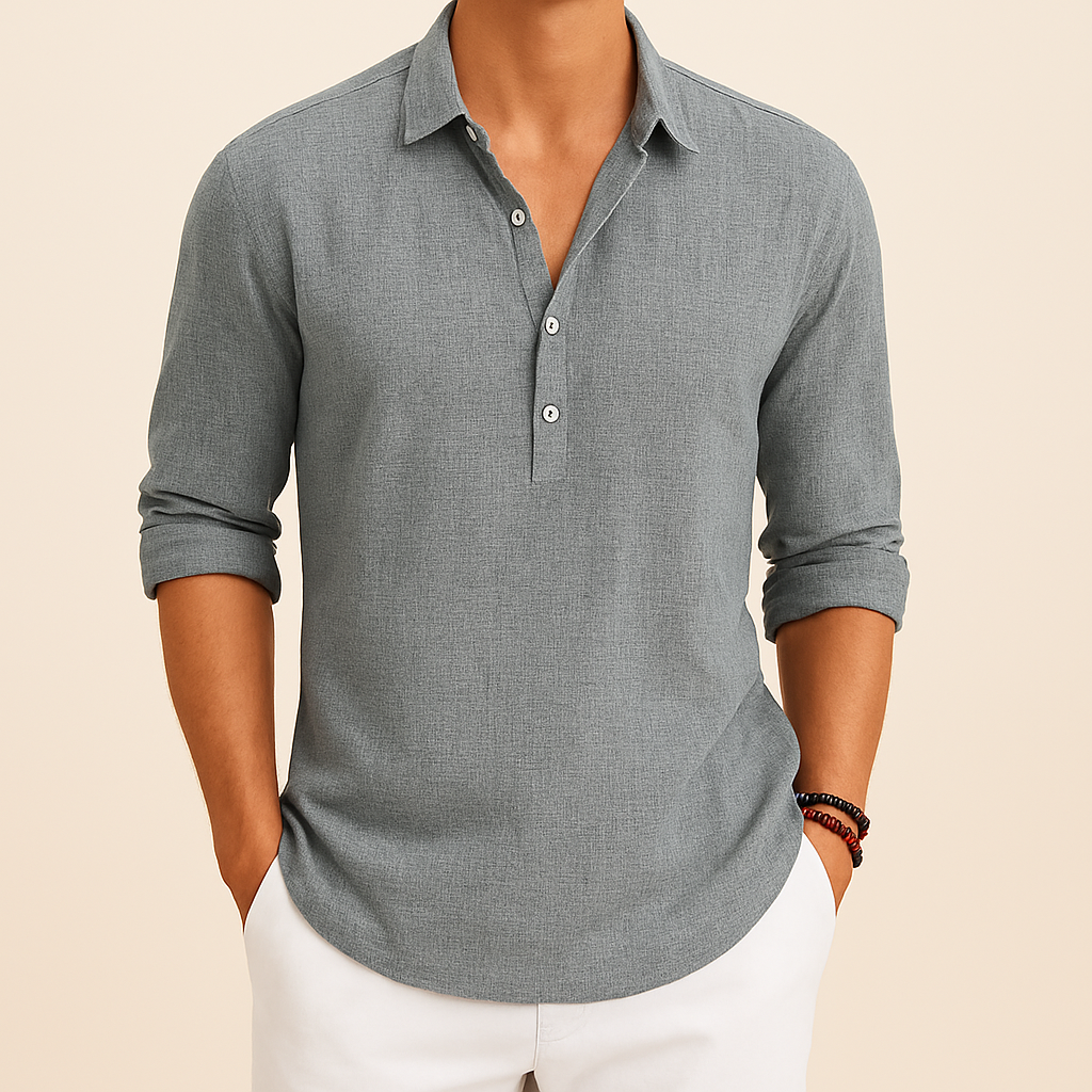 Relaxed fit men's long sleeve polo shirt. Button neck top for casual and everyday men's fashion.
