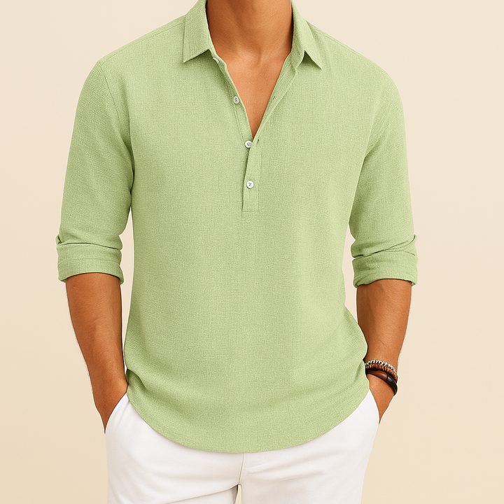 Stylish men's long sleeve polo shirt with a relaxed fit and button neck. A versatile top for menswear.