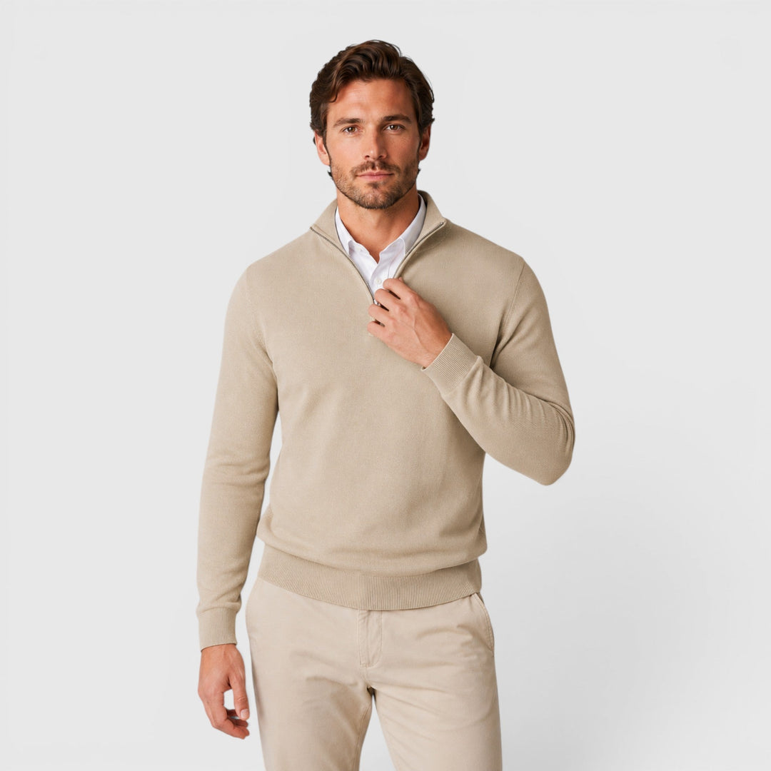 Men's long sleeve quarter zip sweater in gray, perfect for smart casual office wear.