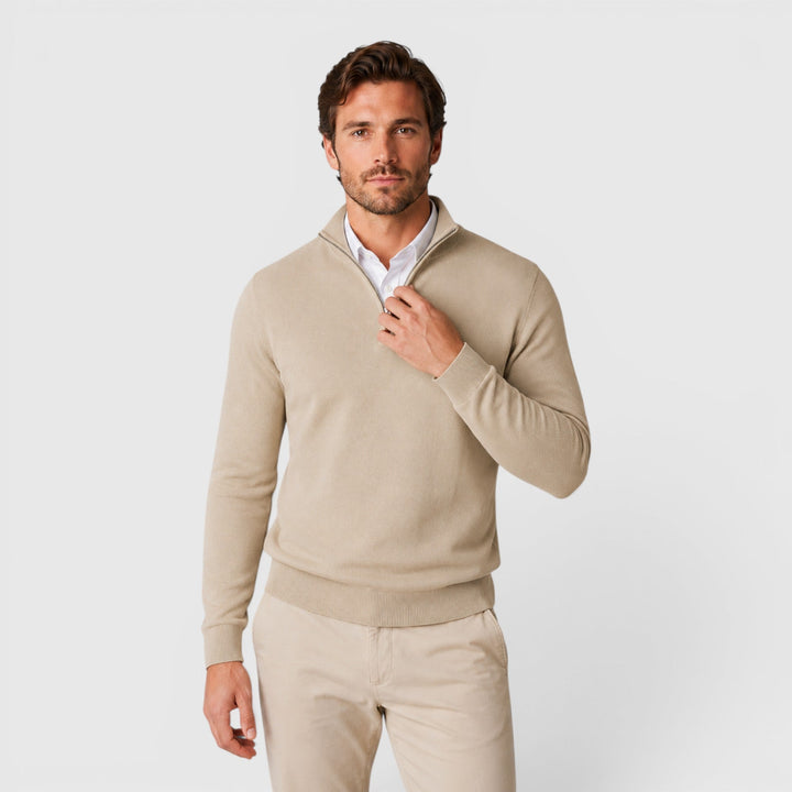 Men's long sleeve quarter zip sweater in gray, perfect for smart casual office wear.