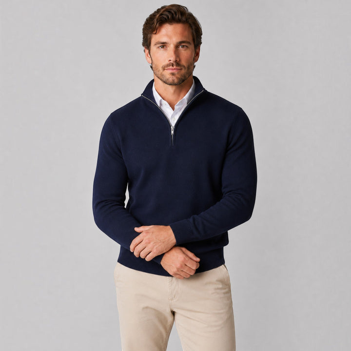Premium men's long sleeve quarter zip sweater, offering elegance for office & weekend.