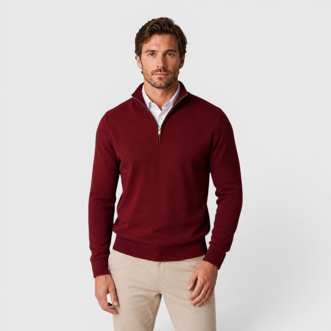 Versatile men's quarter zip sweater, ideal long sleeve top for cool weather office & casual.