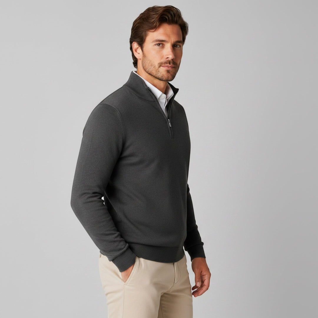 Elegant men's long sleeve quarter zip sweater for versatile casual and office outfits.
