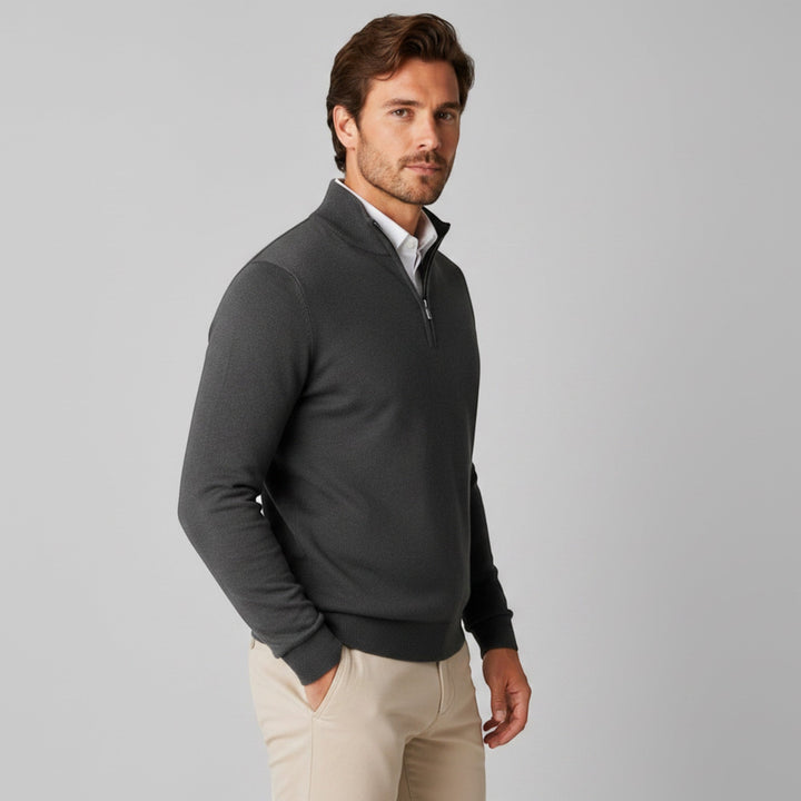 Elegant men's long sleeve quarter zip sweater for versatile casual and office outfits.