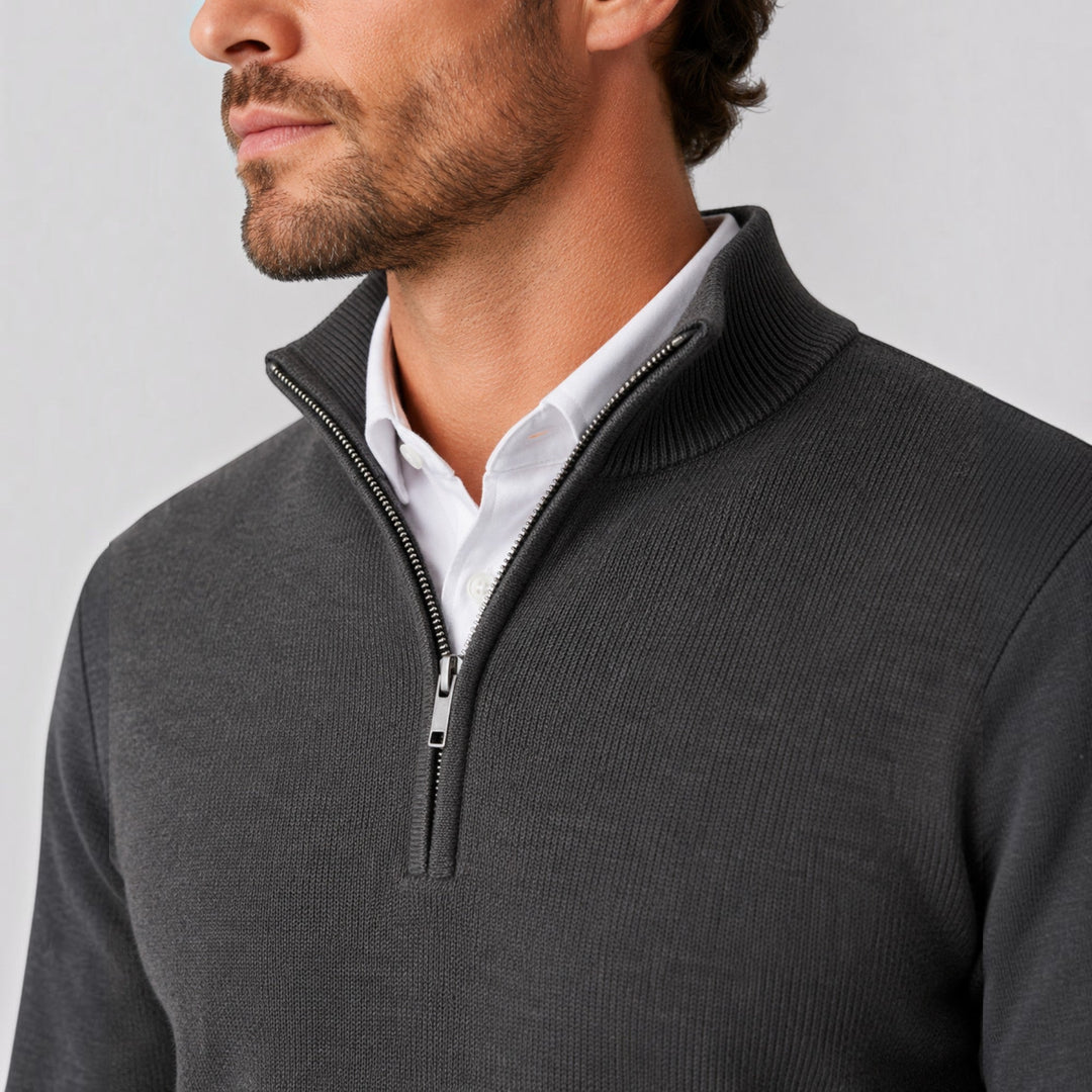 Classic men's long sleeve quarter zip sweater, essential for smart casual layering.