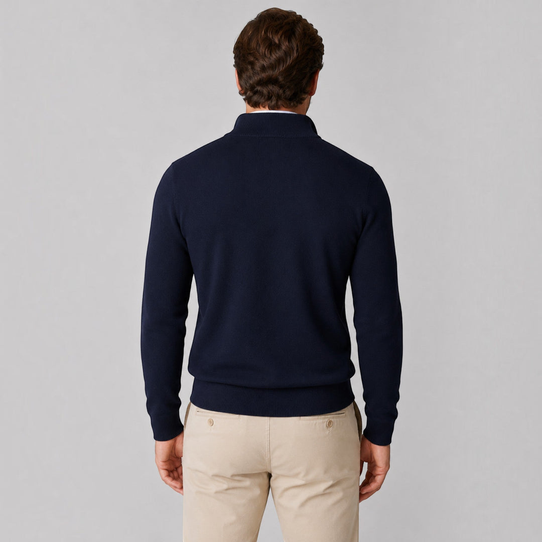 Modern men's quarter zip sweater, a long sleeve top for versatile office & casual style.