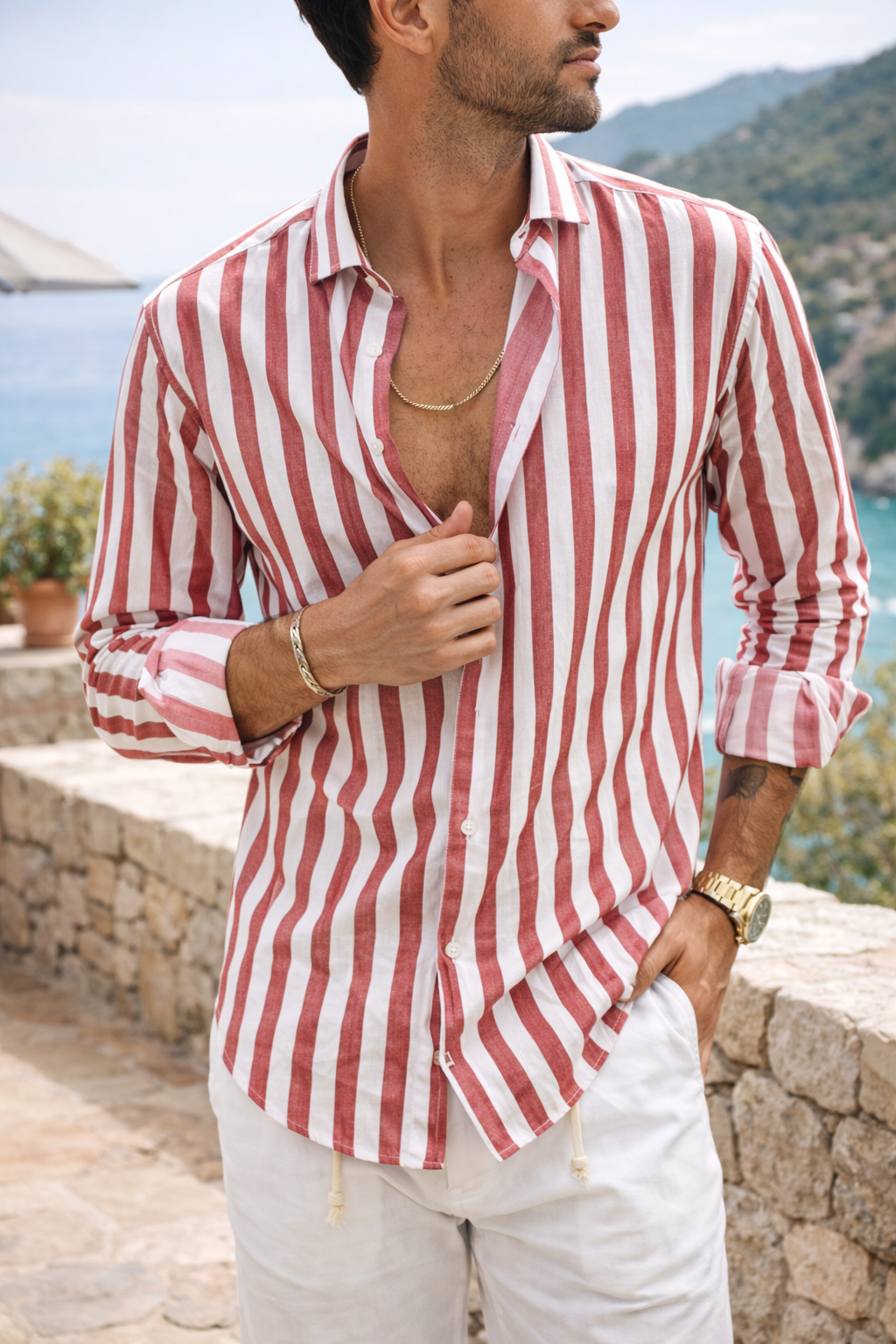 Men's long sleeve striped button shirt in a resort style, perfect for summer casual wear and vacations.