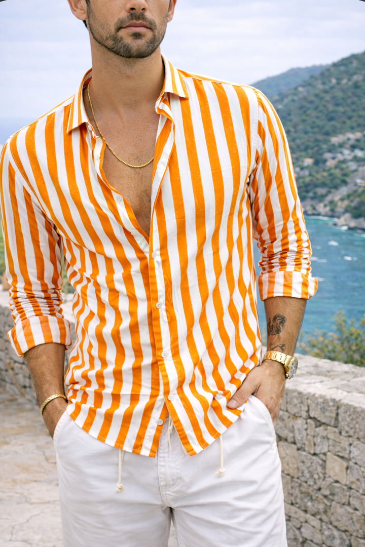 Lightweight men's button shirt featuring colorful stripes, long sleeves, and a comfortable, relaxed resort style.