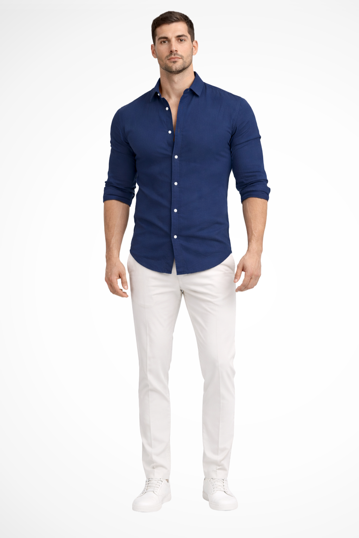 Relaxed wear men's loose fit long sleeve shirt, perfect for casual summer style and breathable comfort.