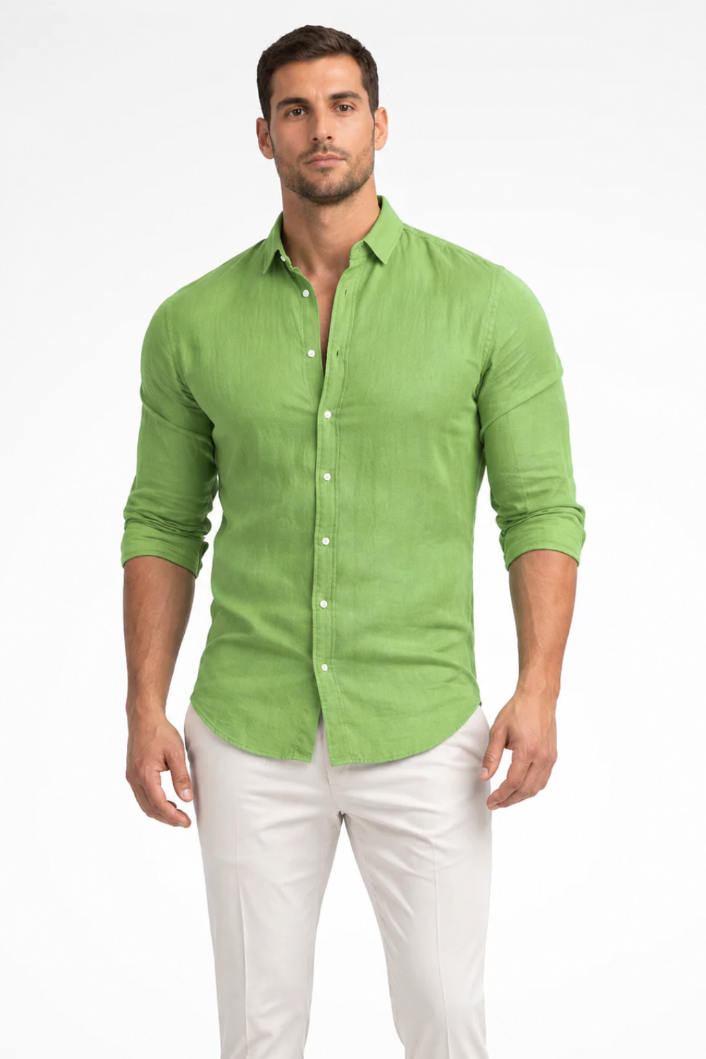 Lapel collar button-up men's long sleeve shirt, loose fit for casual summer fashion.