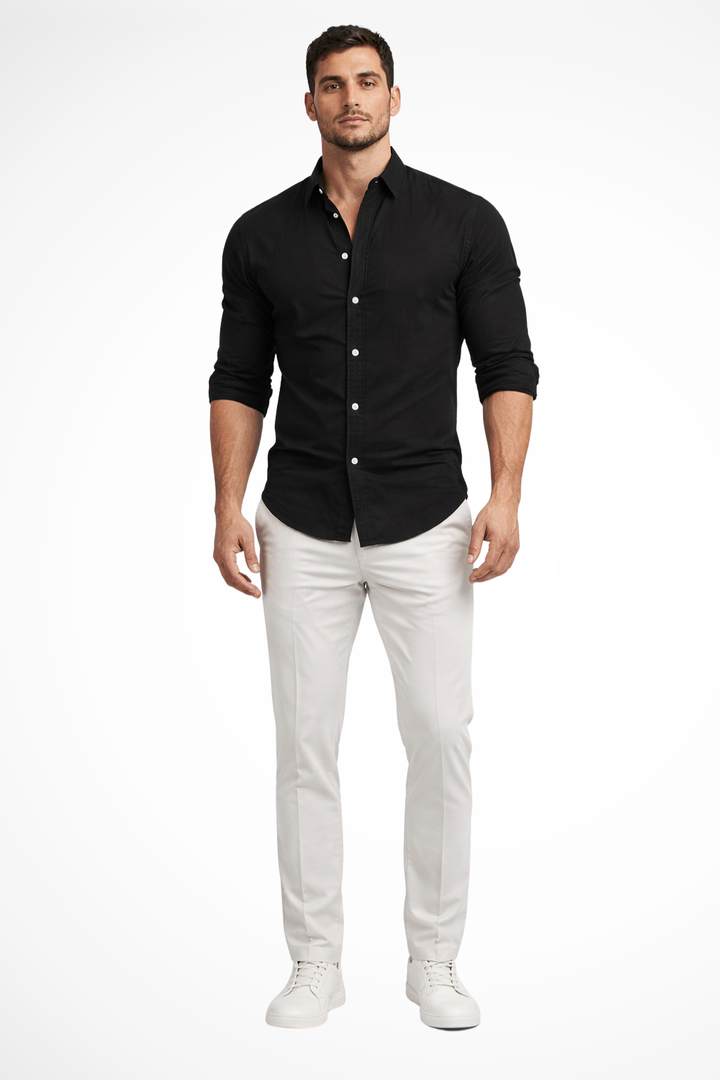 Breathable men's long sleeve casual shirt, loose fit for warm weather & versatile summer style.