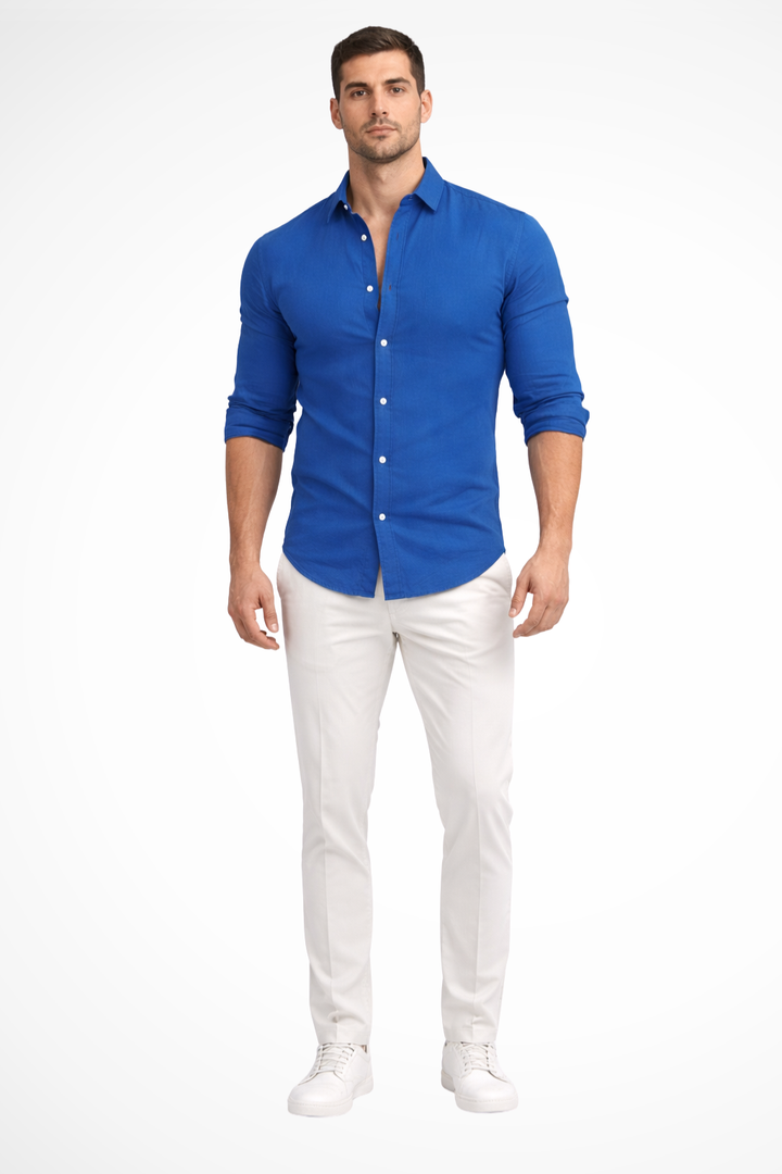 Men's summer style loose fit long sleeve casual shirt with lapel collar. A versatile button-up.