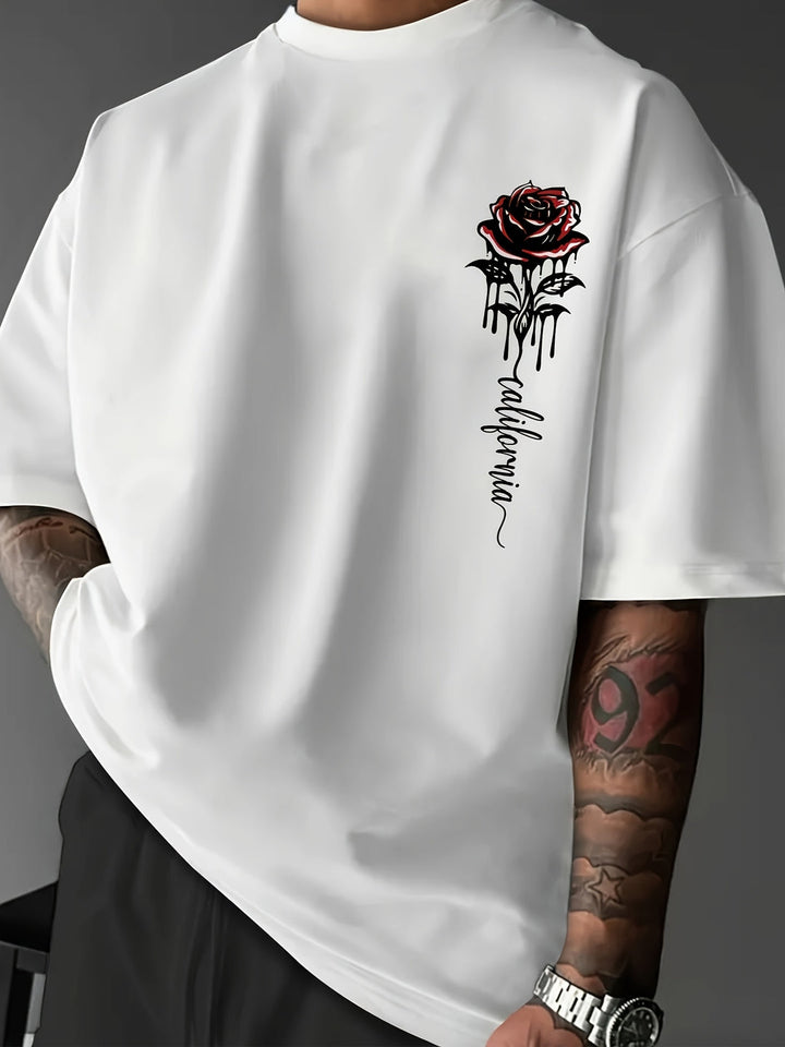 Men's loose-fit rose print t-shirt with crew neck. Perfect for a casual summer style. Short sleeve graphic tee.
