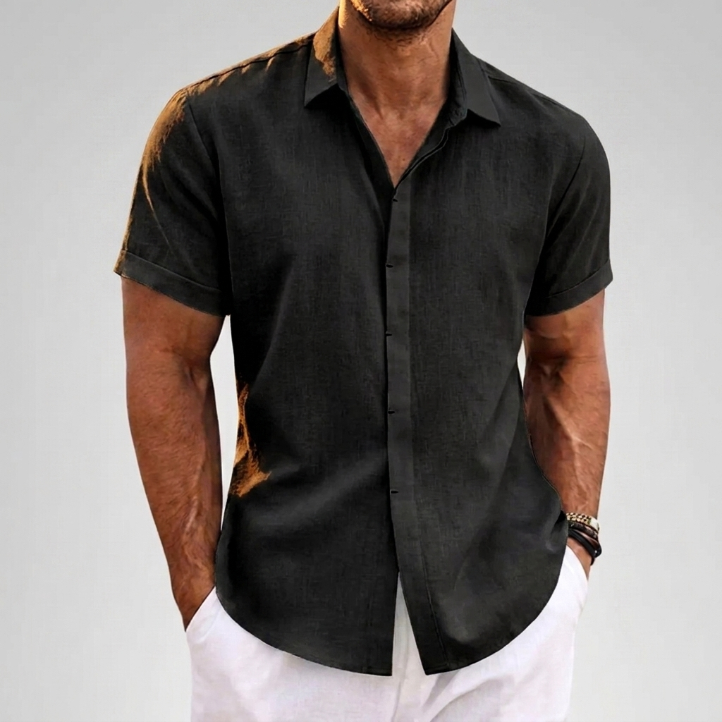 Stylish men's casual short sleeve shirt, ideal for vacation, beach trips, or relaxed summer outfits. Solid color.