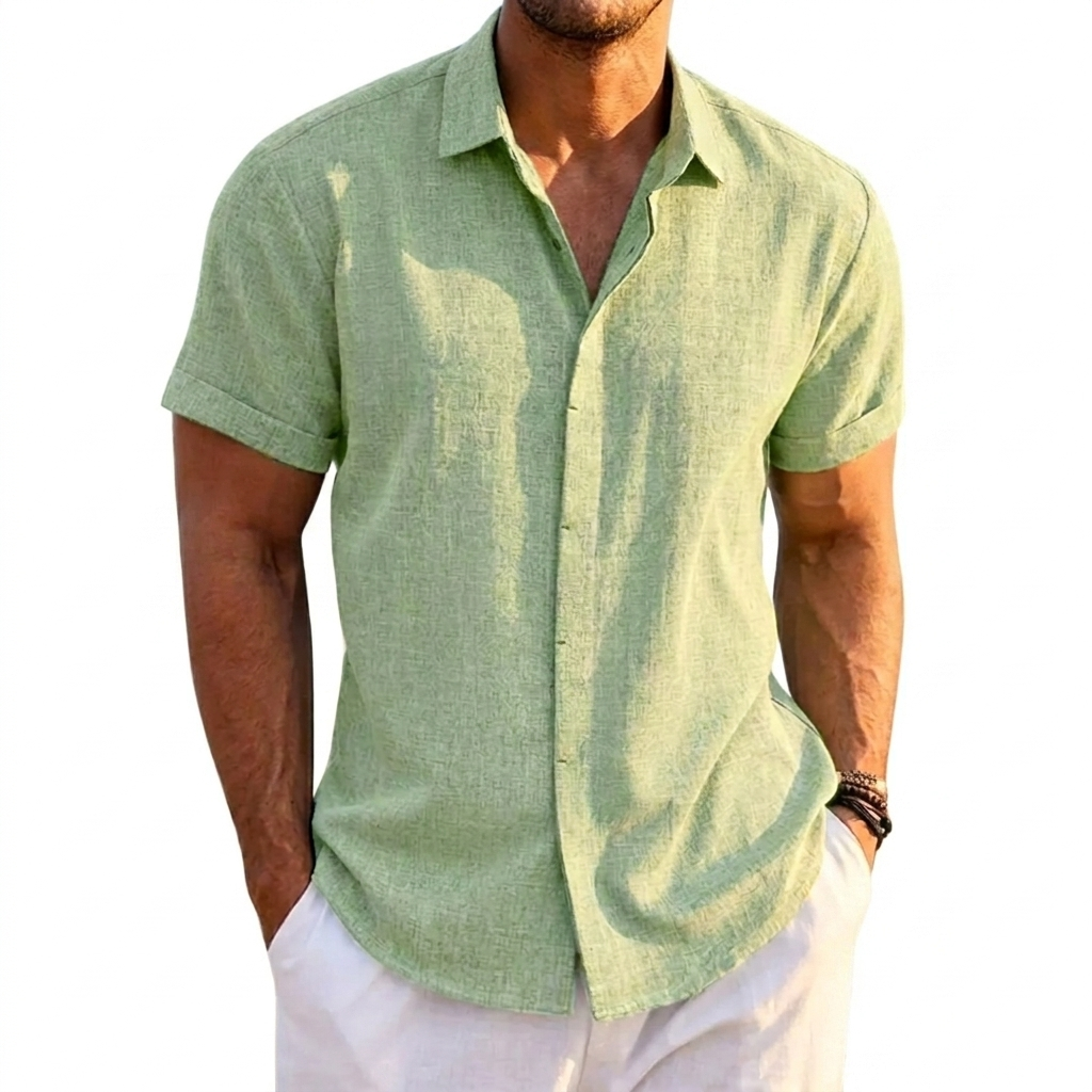Versatile men's solid color casual short sleeve shirt, great for beach, vacation, or everyday relaxed style.