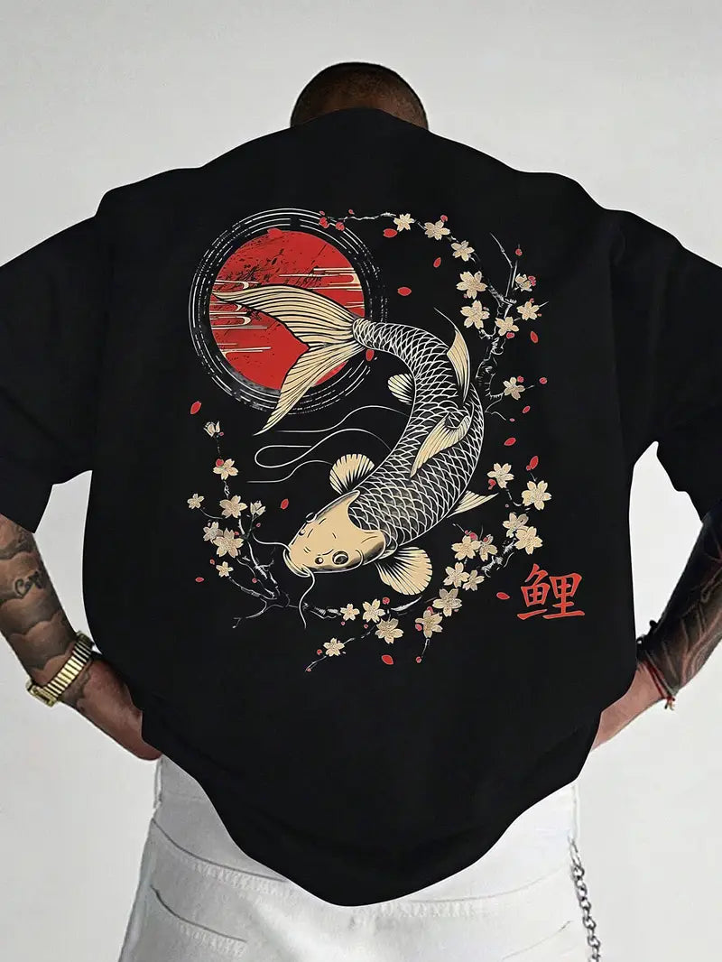 Men's loose fit t-shirt with vibrant koi fish and cherry blossom graphic. Perfect summer streetwear top.