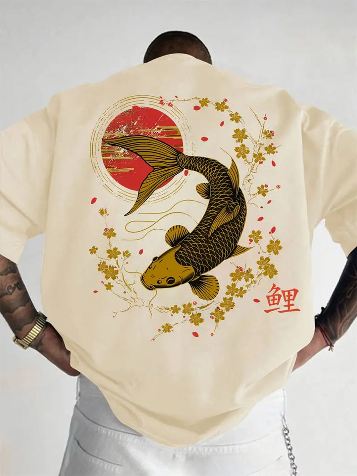 Artistic men's streetwear t-shirt featuring a modern koi and cherry blossom graphic. Comfortable short sleeve top.