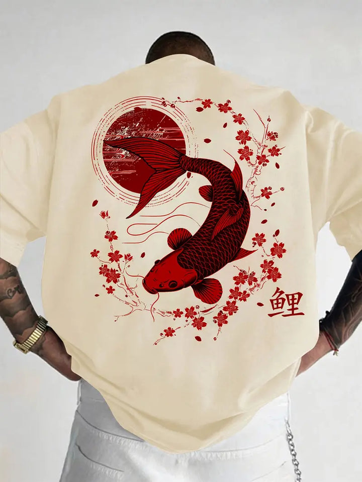 Vibrant koi and cherry blossom design on a loose fit men's t-shirt. Comfortable short sleeve for casual wear.