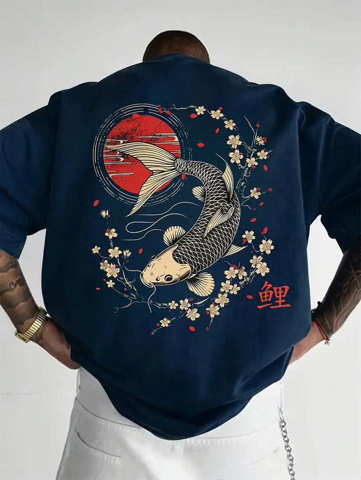 Men's graphic tee: loose fit koi & cherry blossom for summer streetwear. Artistic casual short sleeve top.