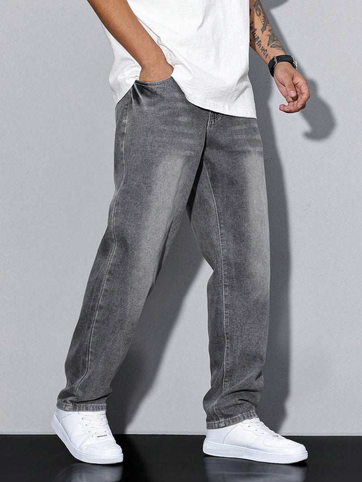 Blue washed denim pants for men, featuring a comfortable loose fit and straight leg design.