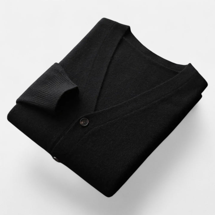 Men's loose V-neck cardigan, perfect for layering & relaxed comfort. Effortless smart casual style.