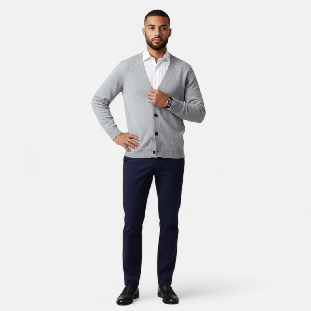 Everyday men's loose V-neck cardigan, providing relaxed comfort and smart casual appeal.