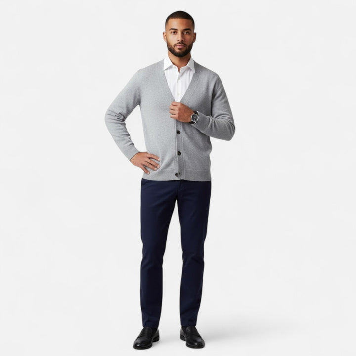 Everyday men's loose V-neck cardigan, providing relaxed comfort and smart casual appeal.