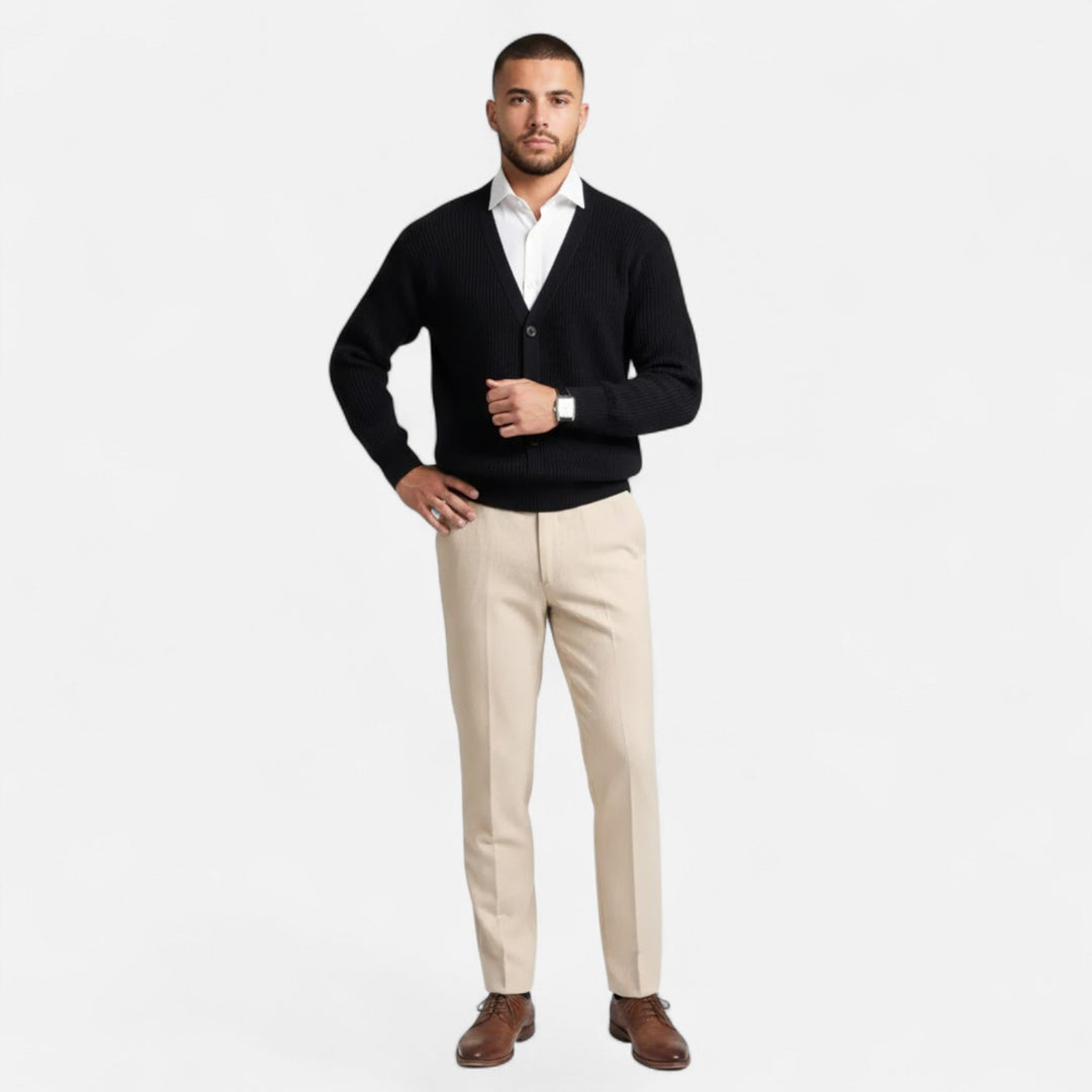 Relaxed fit men's V-neck cardigan, ideal for comfortable layering in autumn & spring.