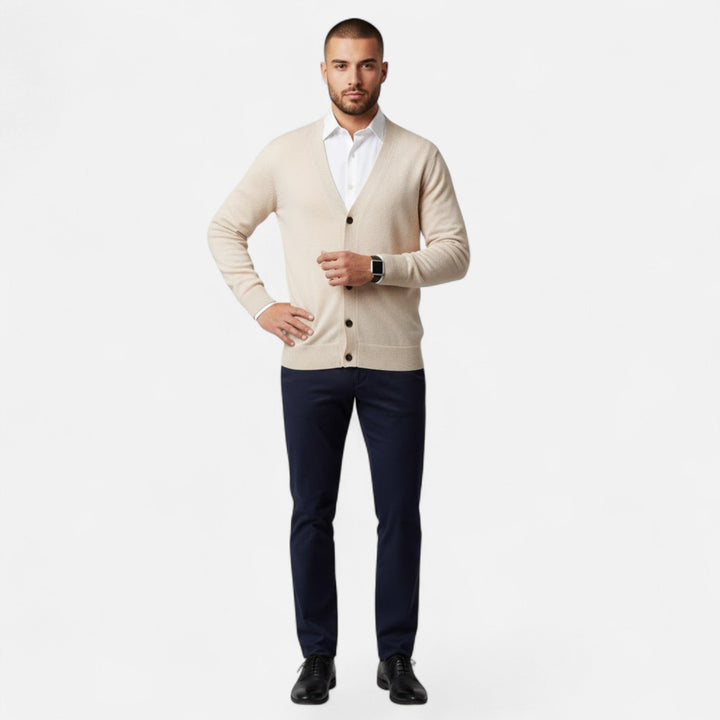 Soft, loose fit men's V-neck cardigan, offering effortless style and warmth for cooler days.