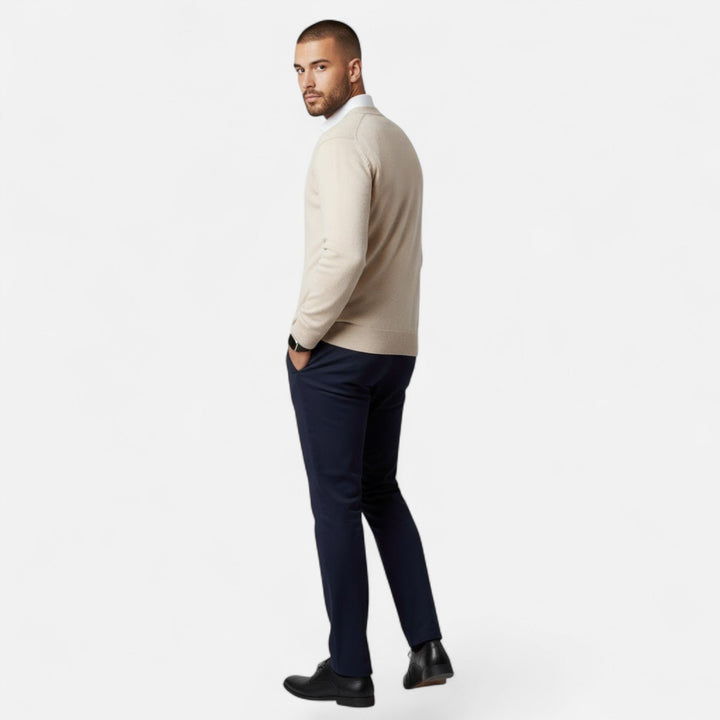 Versatile men's loose V-neck cardigan, great for smart casual looks and layering comfort.
