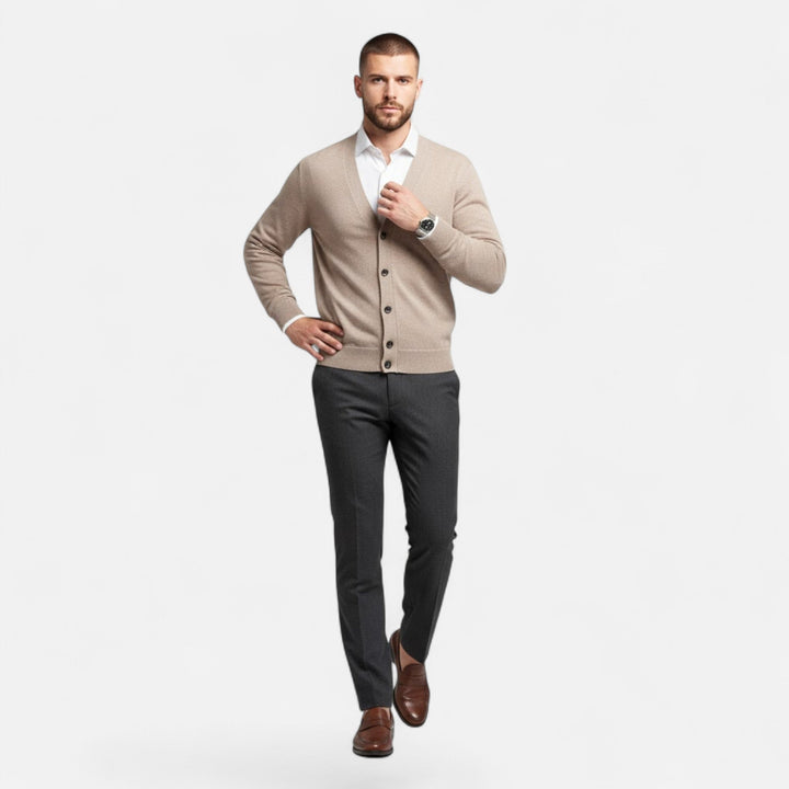 Men's V-neck cardigan with a loose, comfortable fit for versatile smart casual layering.