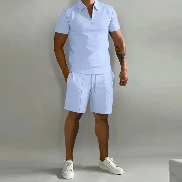 Effortless men's Lorenzo polo & shorts set. Comfortable, stylish two-piece summer outfit for casual or travel.